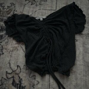 Black Ruched Ruffled Cap Sleeve Crop Top